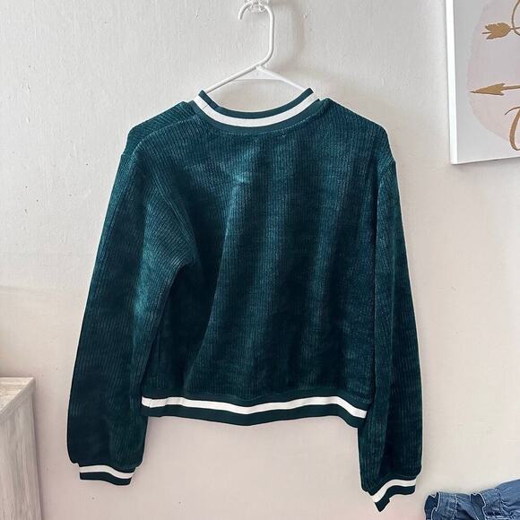 NWT JOA Varsity Pullover Ribbed Velour Sweater in Teal Green Size M Retro Sporty - Picture 4 of 5